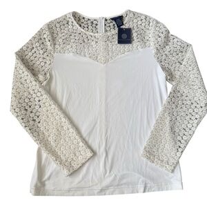VTG New Doncaster Women's 10 Dressy Blouse Lace Stretchy White Cream Top